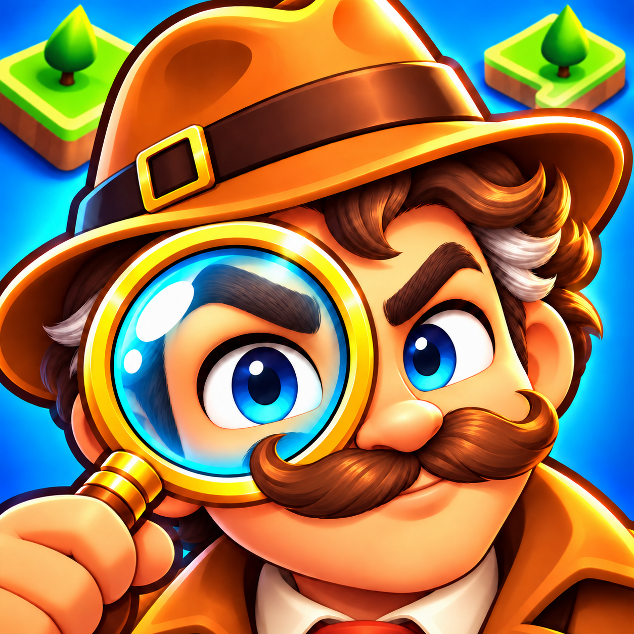 The Detective Lands detective looks through a magnifying glass, surrounded by green Lands.